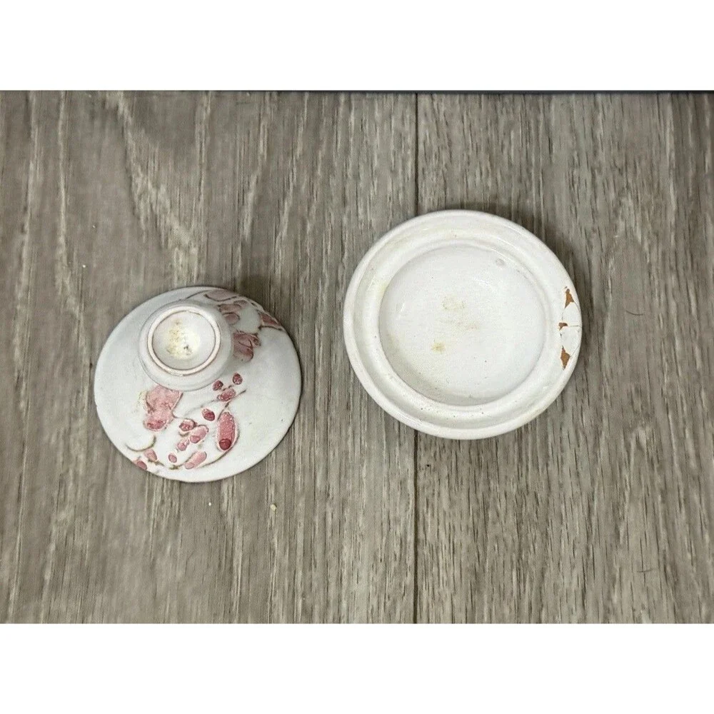 Vintage Small Clay Tagine White W/ Pink Flowers Handmade & Signed BROKEN - READ